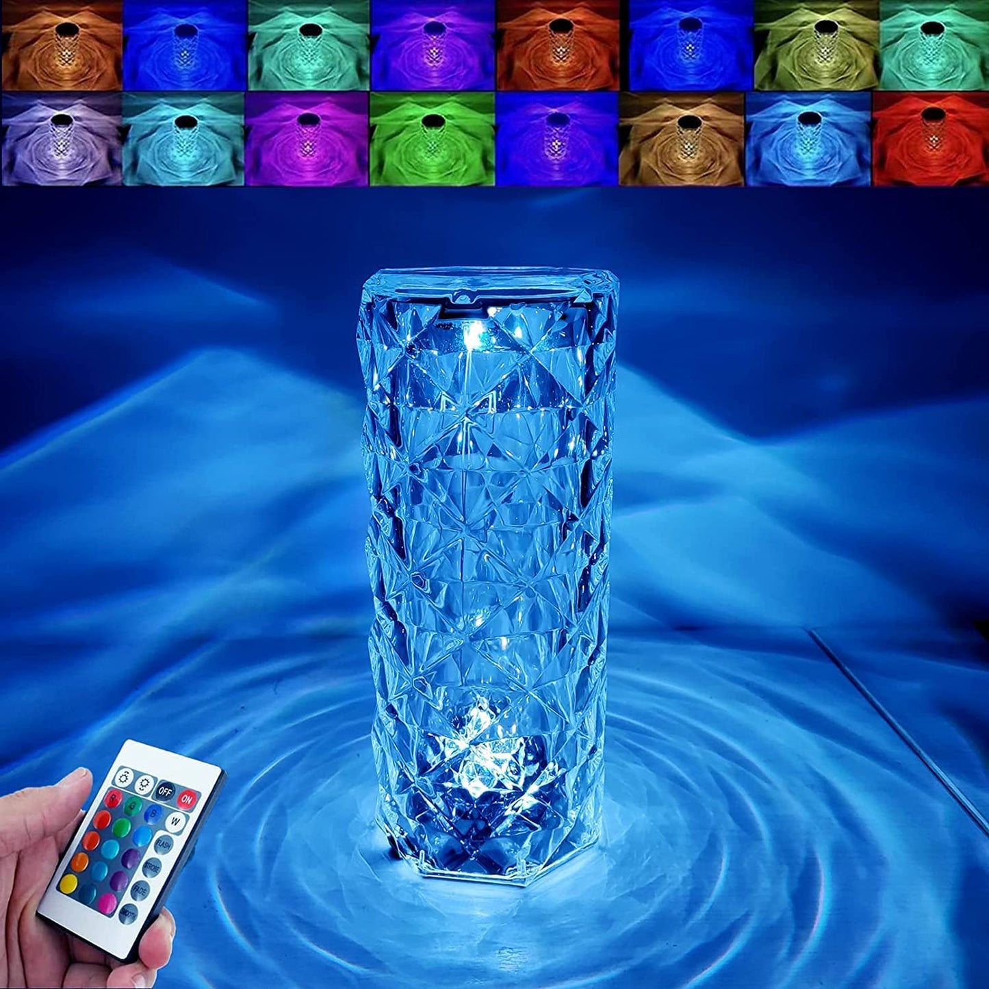 16 color crystal LED lamp with remote control showing blue illumination by Trendz Inn