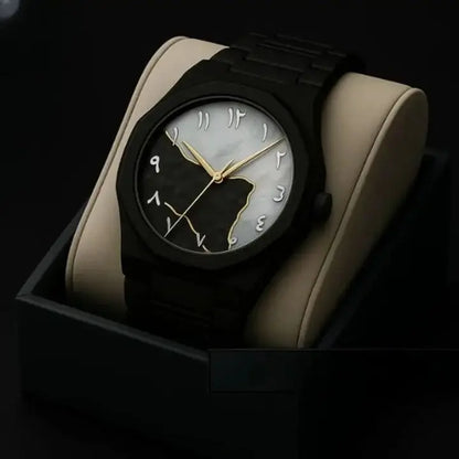 Black Aura Arabic watch black white gold dial premium luxury timepiece with Arabic numerals and tri-color design by Trendz Inn