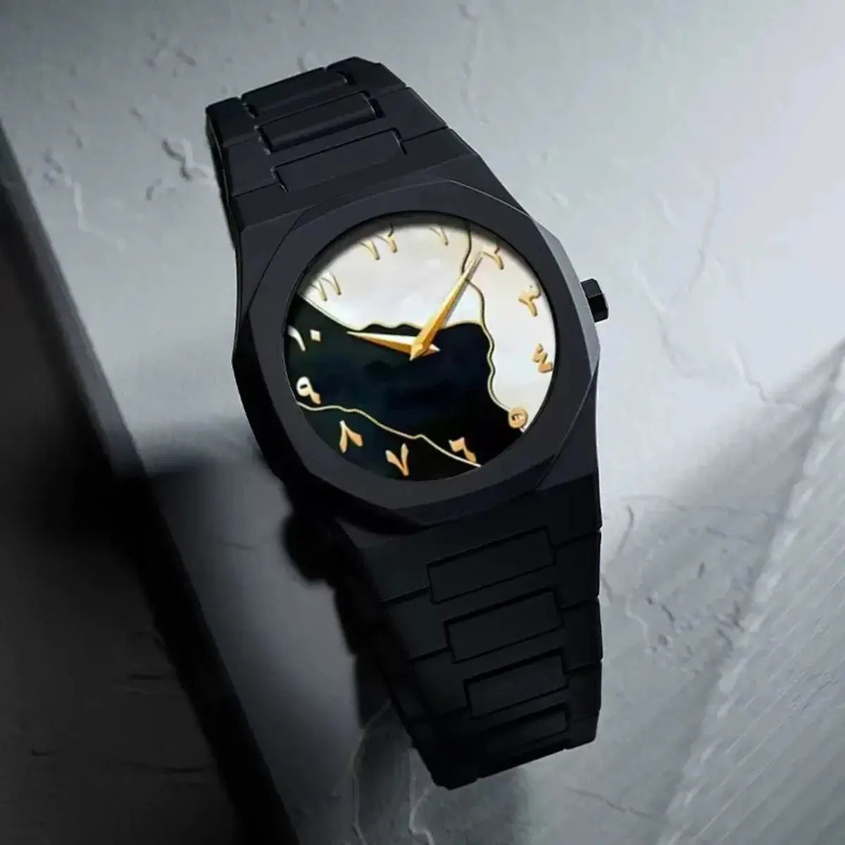 Black Aura Arabic watch black white gold dial premium luxury timepiece with Arabic numerals and tri-color design by Trendz Inn