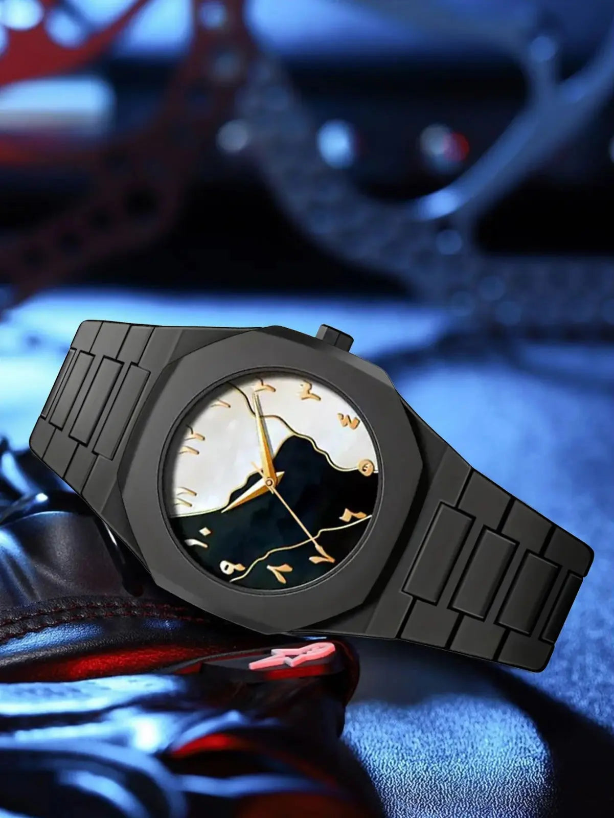 Black Aura Arabic watch black white gold dial premium luxury timepiece with Arabic numerals and tri-color design by Trendz Inn