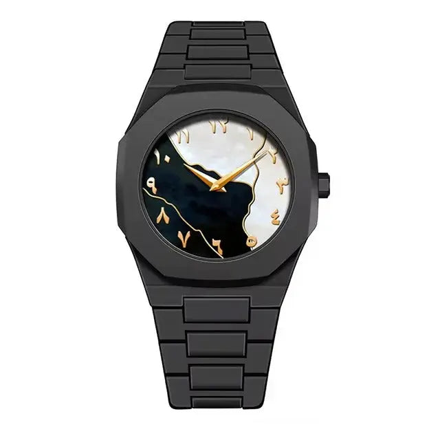 Black Aura Arabic watch black white gold dial premium luxury timepiece with Arabic numerals and tri-color design by Trendz Inn