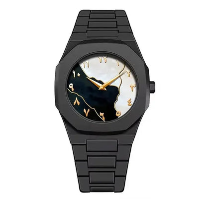 Black Aura Arabic watch black white gold dial premium luxury timepiece with Arabic numerals and tri-color design by Trendz Inn