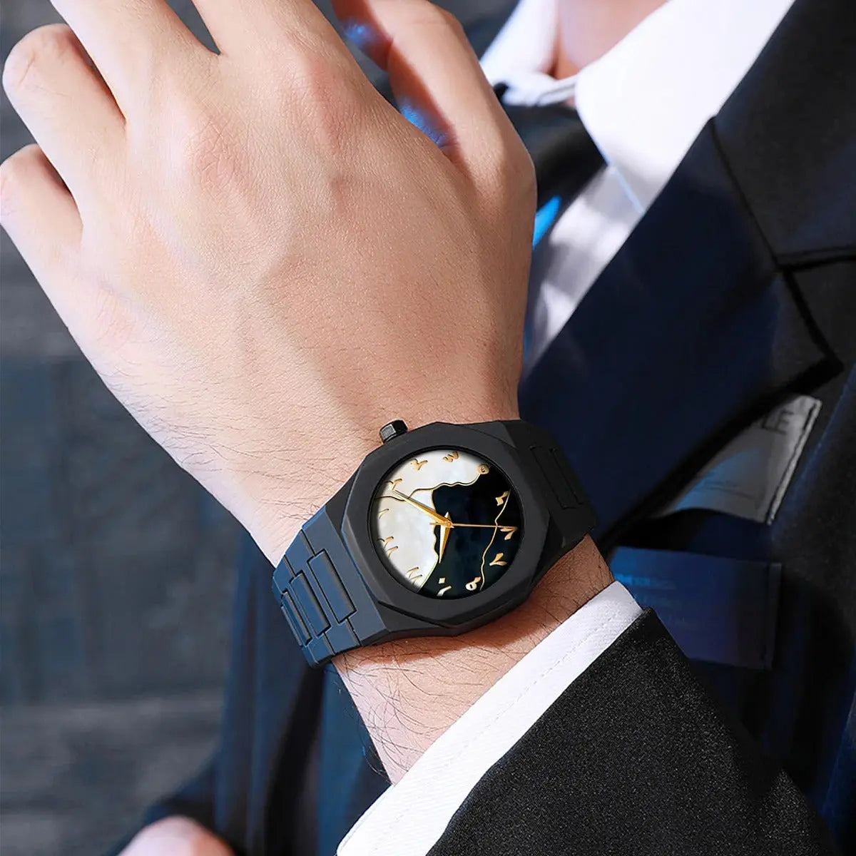 Black Aura Arabic watch black white gold dial premium luxury timepiece with Arabic numerals and tri-color design by Trendz Inn