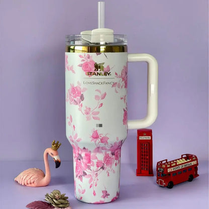 Stanley LoveShackFancy cherry blossom pink floral quencher tumbler with handle and straw featuring delicate cherry blossom prints by Trendz Inn