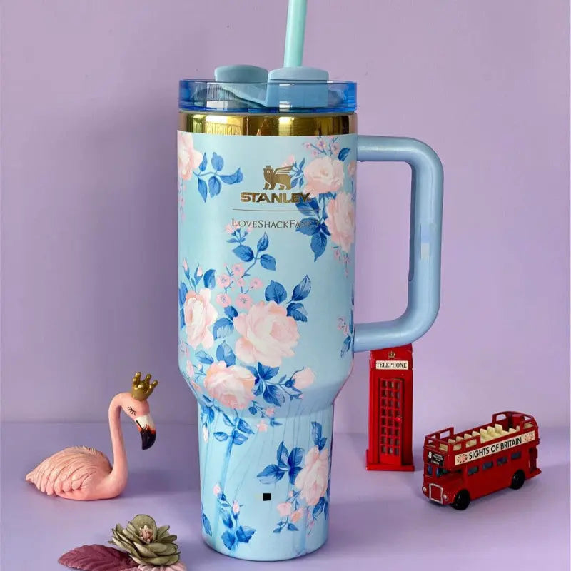 Stanley LoveShackFancy blue peony garden floral quencher tumbler with handle and straw featuring elegant blue peony flowers by Trendz Inn