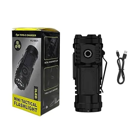 Mini tactical flashlight packaging showing USB-C charging cable and tactical specifications