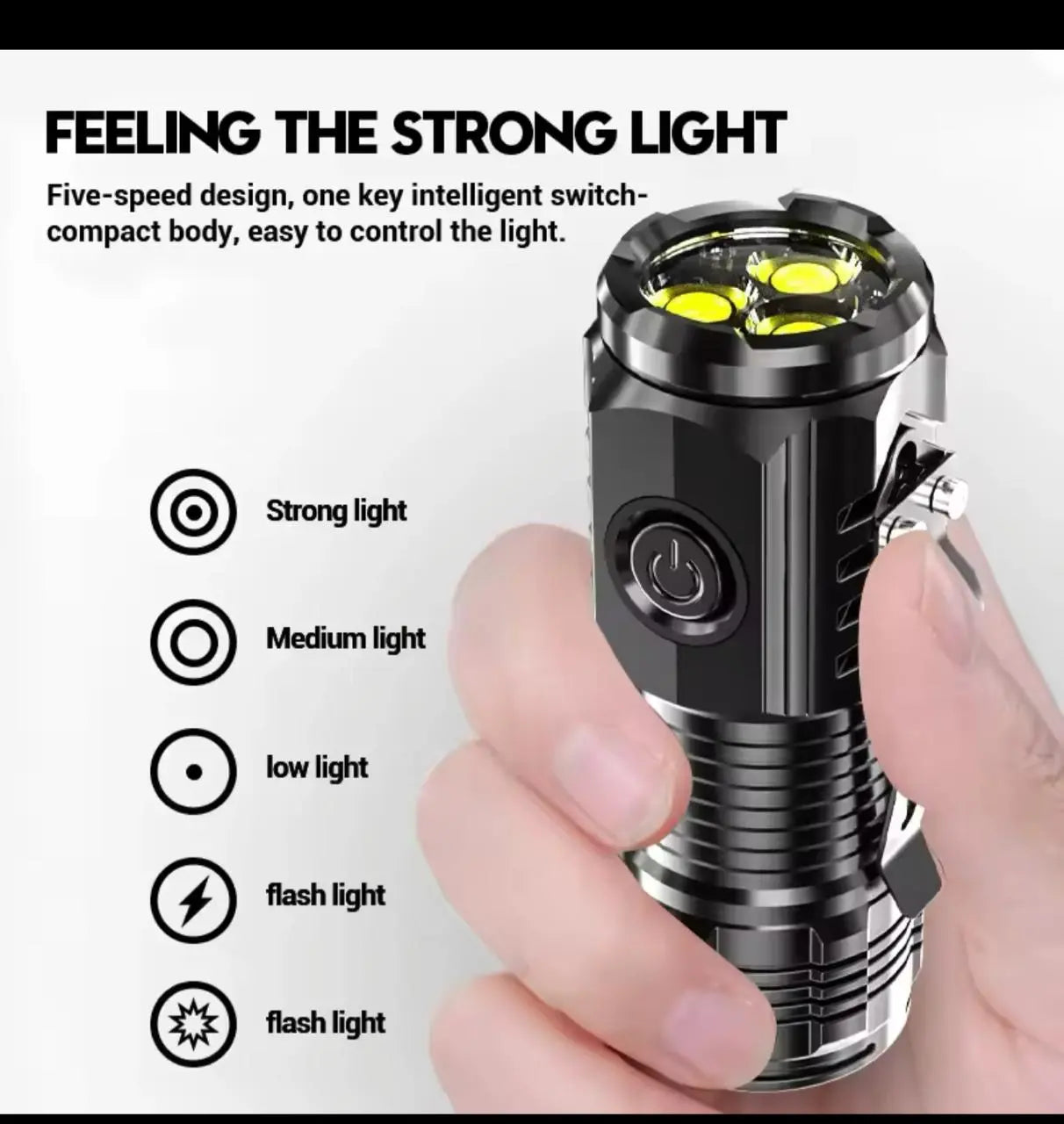 Mini tactical flashlight key features infographic showing USB-C charging, multiple modes, tactical grip, and rechargeable battery specifications