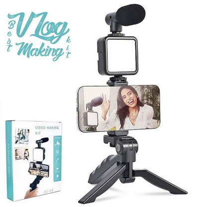 AY-49 Vlogging Kit with Tripod, LED Light & Microphone – Trendz Inn