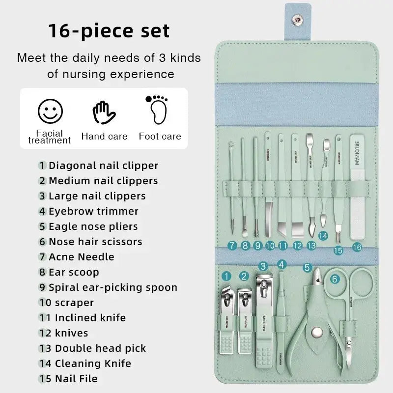 16 in 1 Manicure and Pedicure Kit in Multi Colors – Professional Nail Care Set with Clippers, Cuticle Tools, Scissors & Grooming Accessories – Trendz Inn
