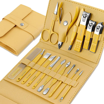 16 in 1 Yellow Manicure and Pedicure Kit – Professional Nail Care Set with Clippers, Cuticle Tools, Scissors & Grooming Accessories – Trendz Inn