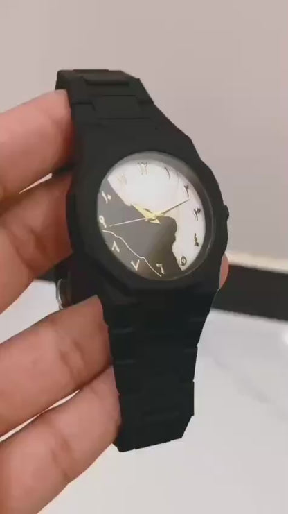 Black Aura Arabic watch black white gold dial premium luxury timepiece with Arabic numerals and tri-color design by Trendz Inn