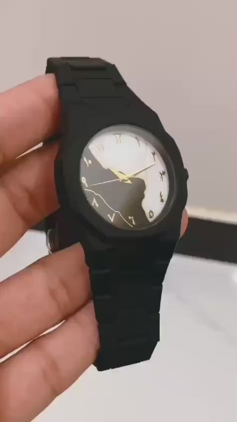 Black Aura Arabic watch black white gold dial premium luxury timepiece with Arabic numerals and tri-color design by Trendz Inn