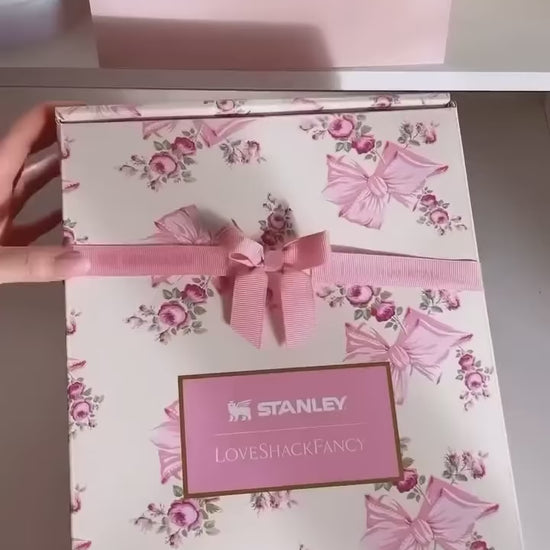 Stanley LoveShackFancy floral quencher tumbler with handle and straw featuring romantic pink blue lavender floral designs by Trendz Inn