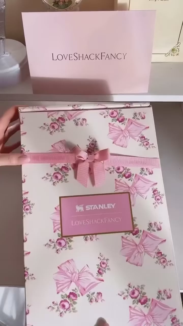 Stanley LoveShackFancy floral quencher tumbler with handle and straw featuring romantic pink blue lavender floral designs by Trendz Inn