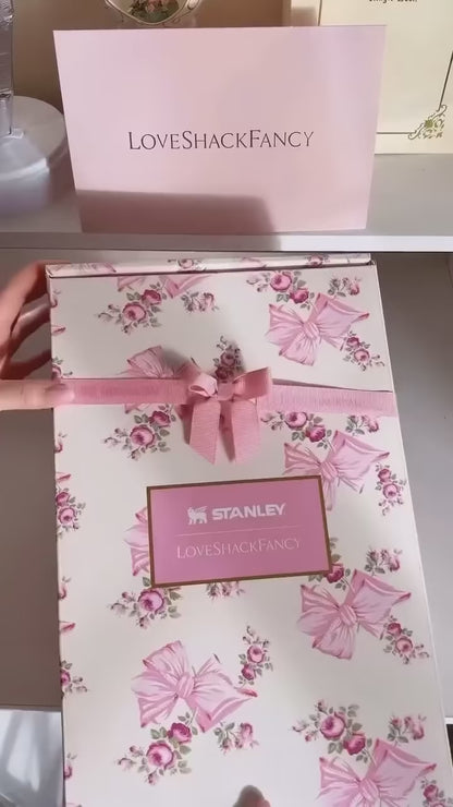 Stanley LoveShackFancy floral quencher tumbler with handle and straw featuring romantic pink blue lavender floral designs by Trendz Inn